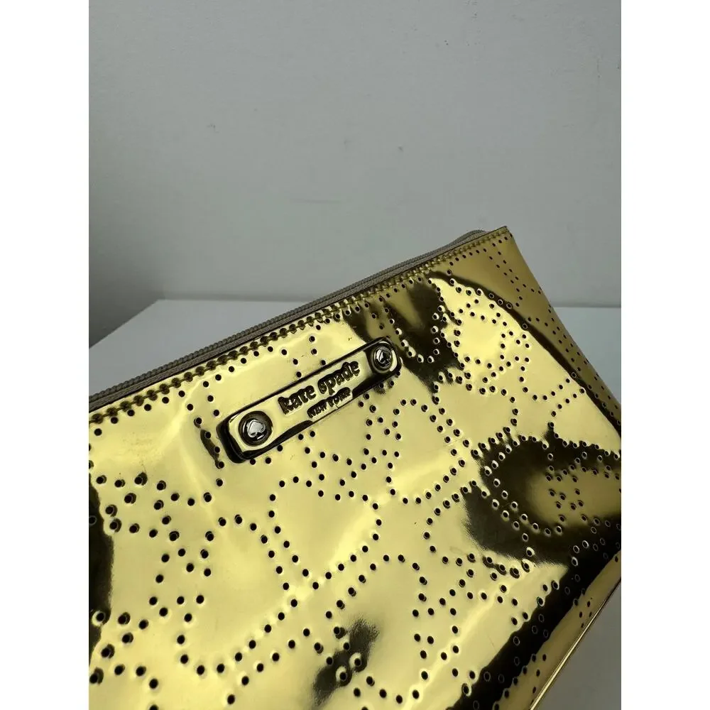 KATE SPADE Metro Gold Metallic Perforated Cosmetic Bag Shiny Heart Zip Pouch